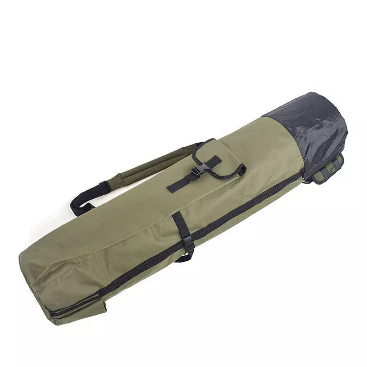 Cylindrical fishing bag for rods and gear in black or army green
