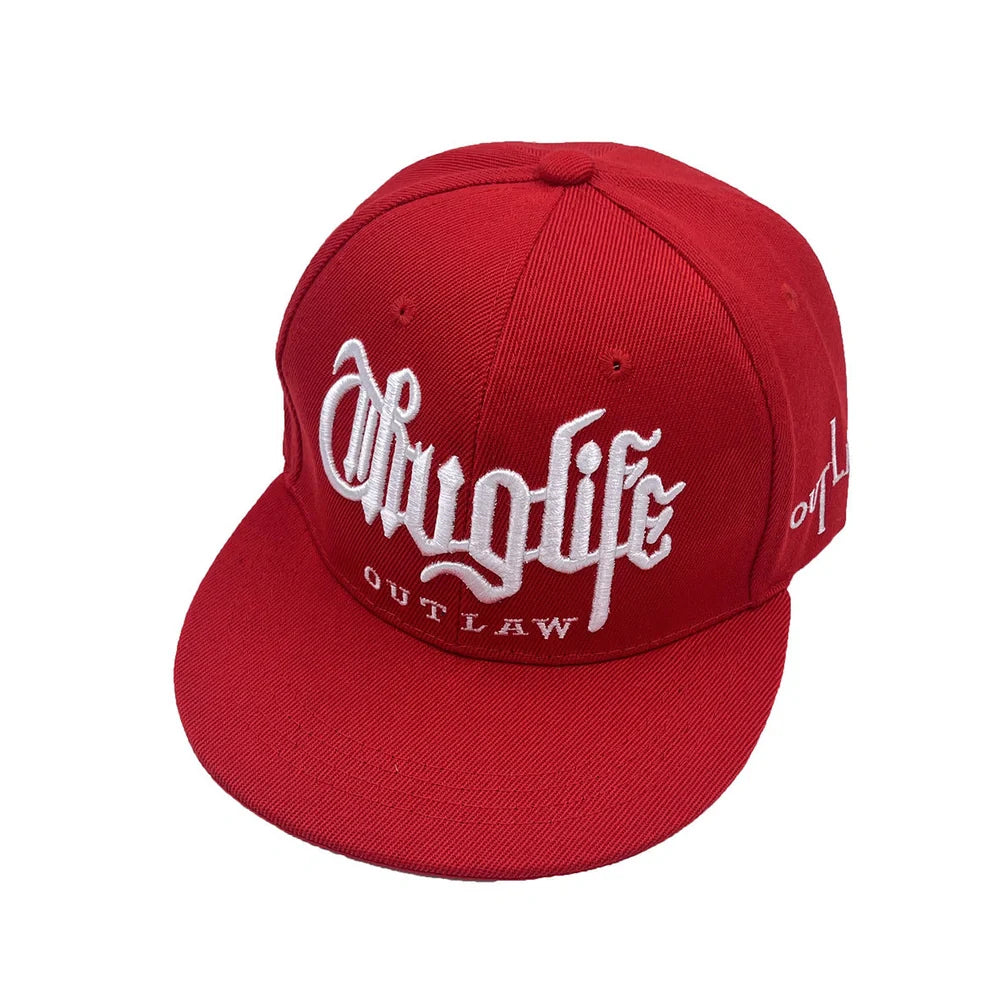 Street hip hop hat with embroidered letters in two colours on dome crown, adult sizing 56-60cm
