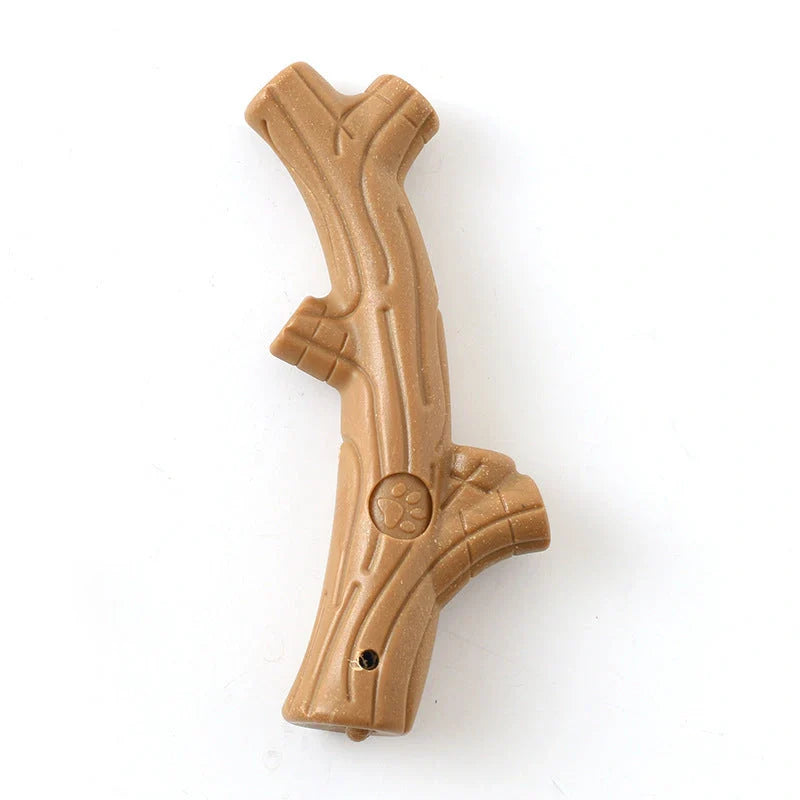 Small dog chew toy with teeth cleaning features in antler, bone, bamboo, and branch designs