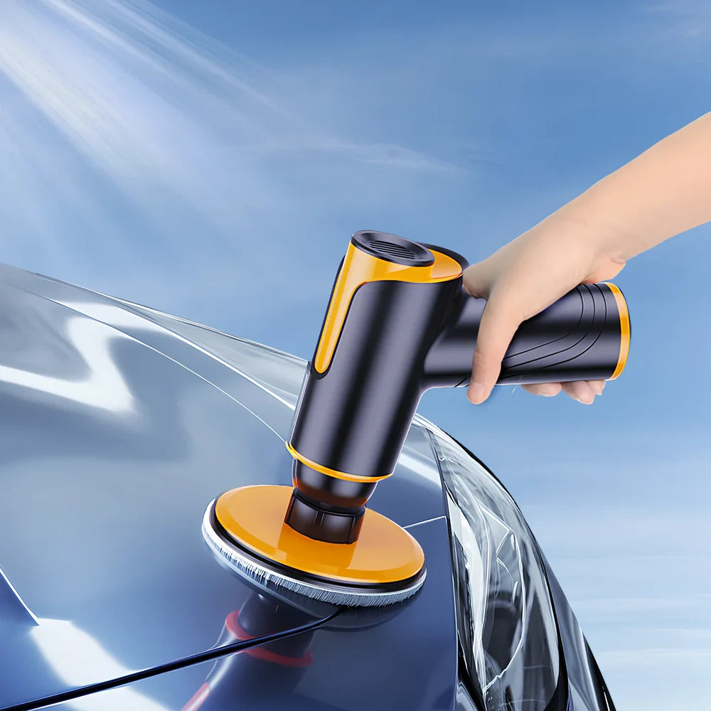 Black car polishing machine with 12cm throwing disc and USB-C charging cable for vehicle maintenance