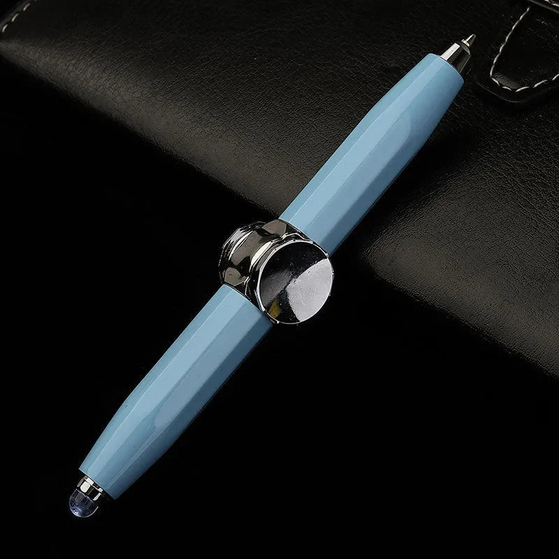 Creative multi-function metal pen with LED light and fingertip gyro spinner for writing and fidgeting.