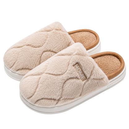 Cozy plush slippers in various colors, including light gray, khaki, yellow, and pink, with a soft plush upper and durable PVC sole for indoor and outdoor use.