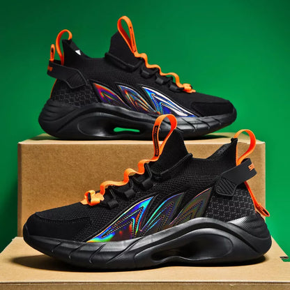 Men's Ultralight Flying Woven Breathable Sequin Lace-up Shoes in Black, White moon, and Black orange