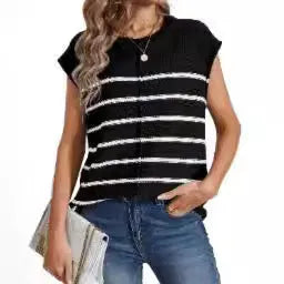 Women's striped sleeveless pullover top with bone stitching details in acrylic fabric, showing colour options and fit