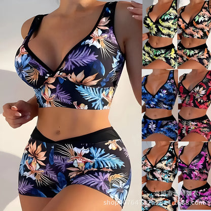 Women's two-piece printed swimsuit set with boxer-style briefs and sleeveless top in multi-colour pattern