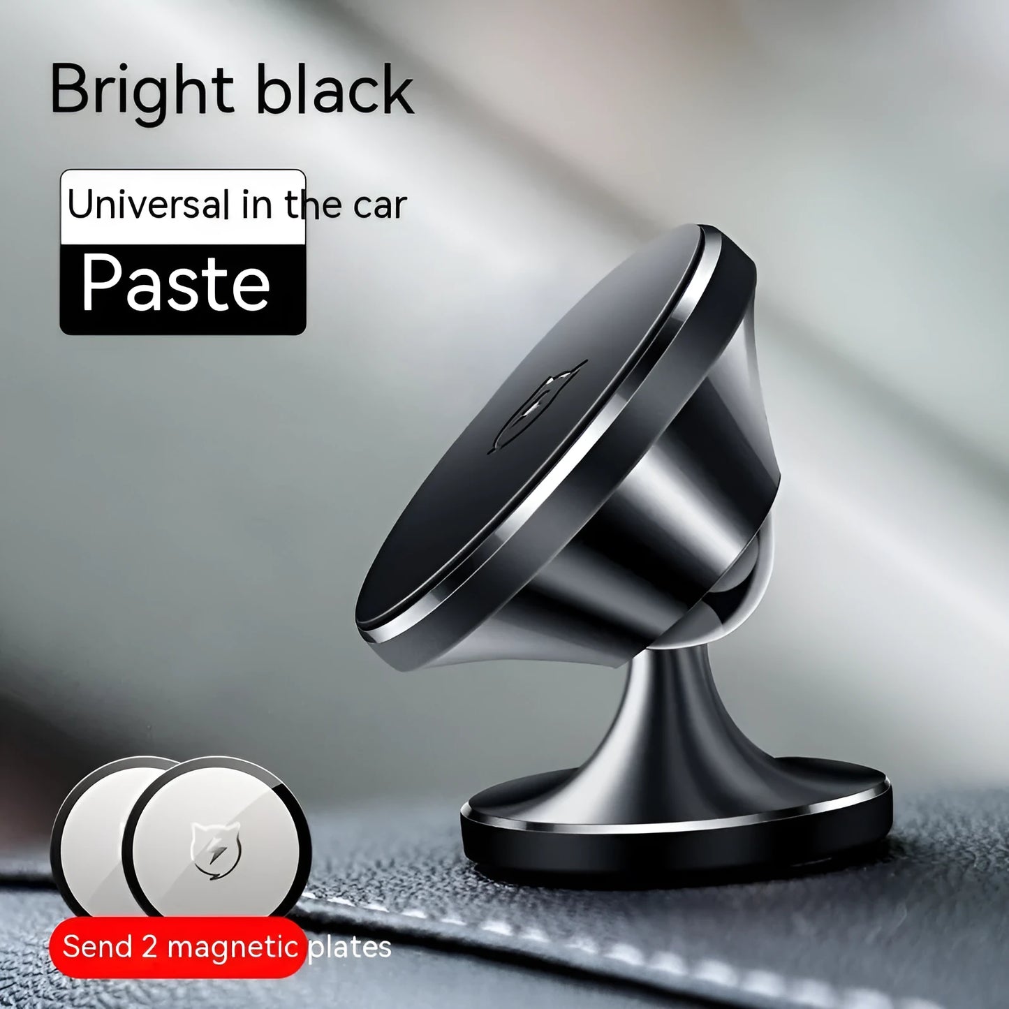 Shiny black magnetic car phone holder with alloy cradle mounted on a car dashboard.