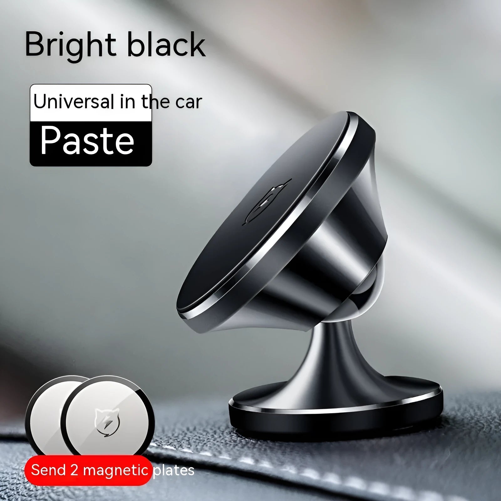 Shiny black magnetic car phone holder with alloy cradle mounted on a car dashboard.