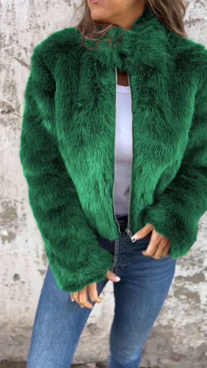 Women's stand collar plush jacket in faux fur with zipper, available in multiple colors