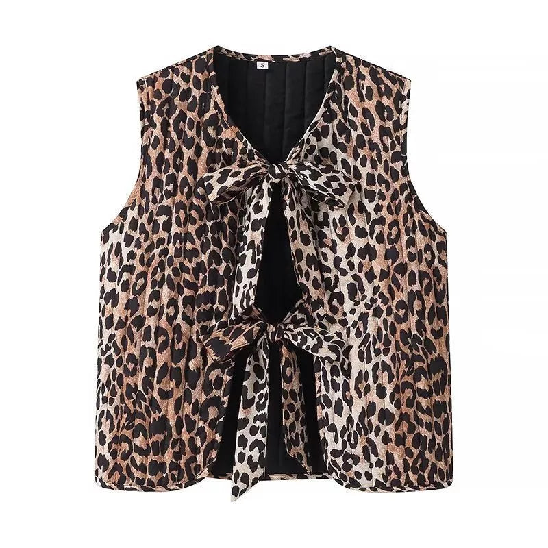 Women's leopard print quilted vest with tie-front design