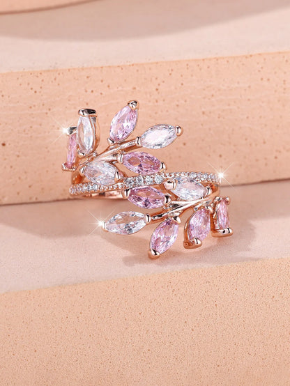 Horse Eye Zircon Leaf Ring with adjustable opening in rose gold purple white diamond colour on a hand