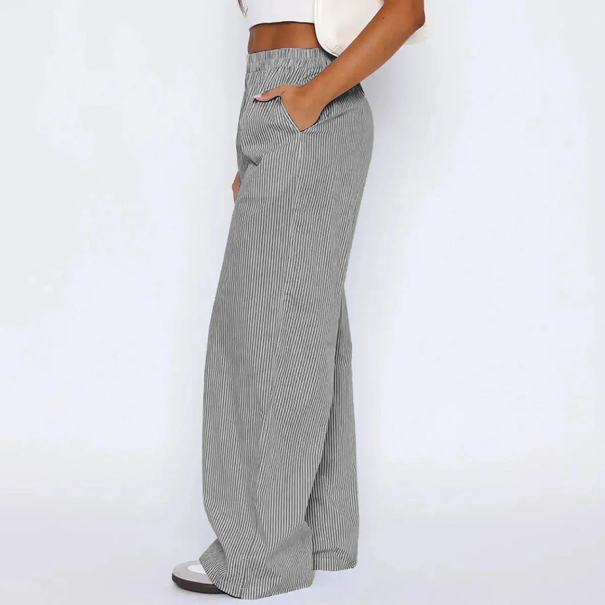 Women's wide leg striped trousers with pockets in multiple colors