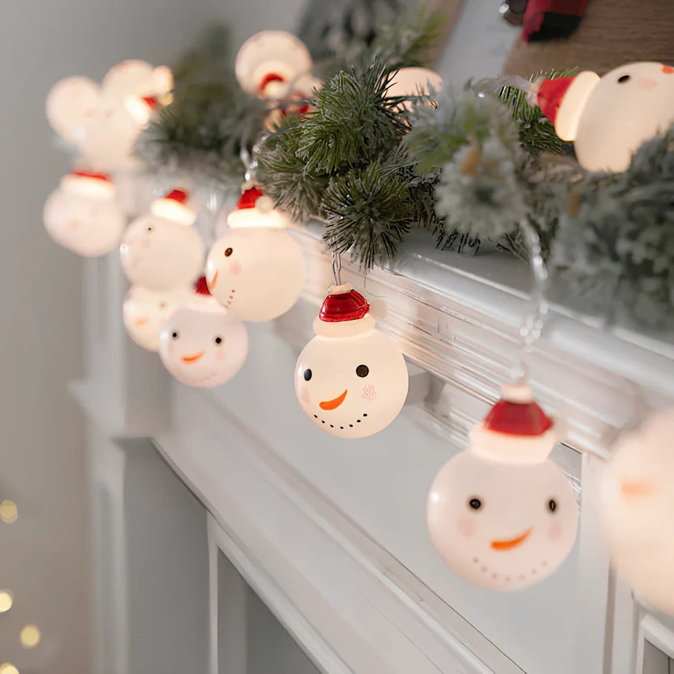 Snowman Christmas string lights with warm white glow, multiple power options, and remote control