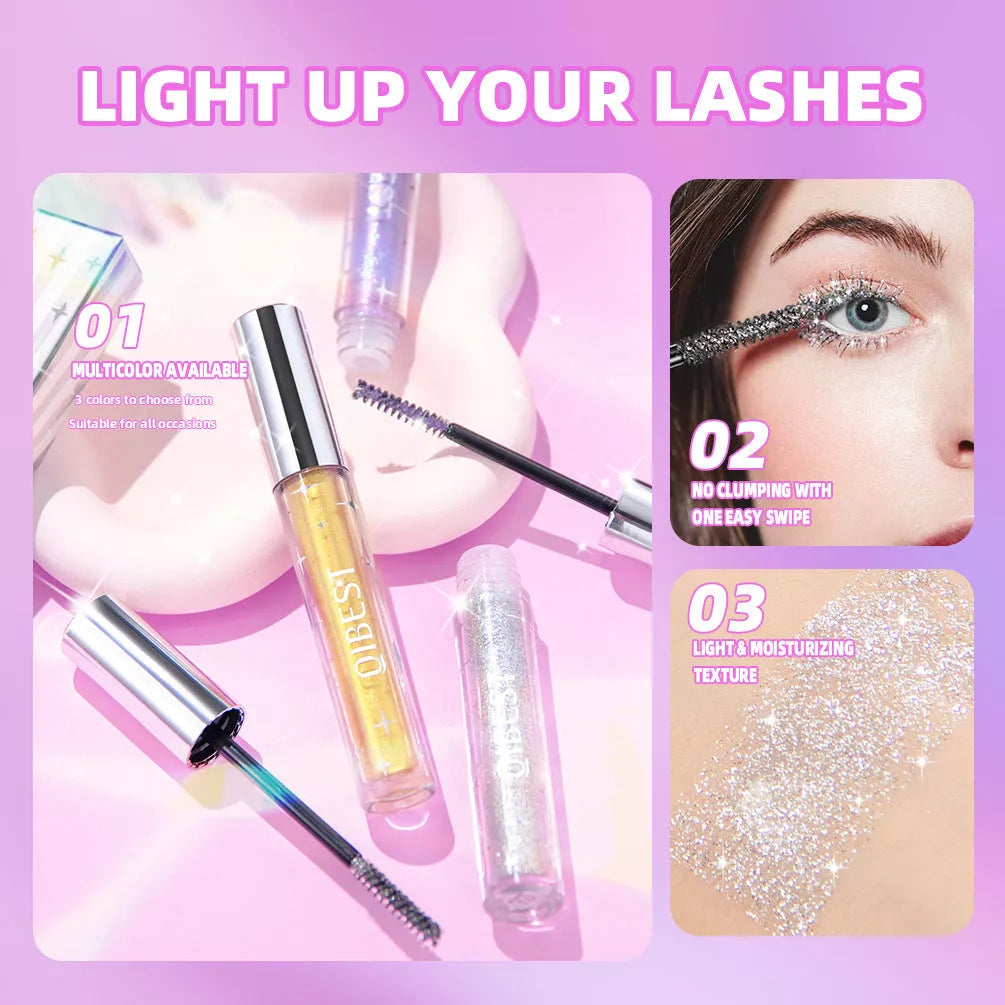Violet Glitter Lash Mascara in gold, silver, and purple with quick-drying, waterproof formula
