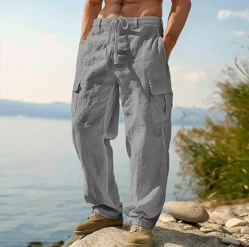 Men's thin cotton wide-leg casual trousers in light army green colour, showing loose fit and mid-waist design