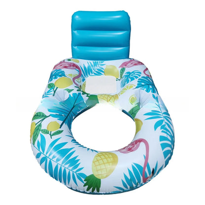 Large white inflatable pool floating bed with integrated backrest recliner on blue water
