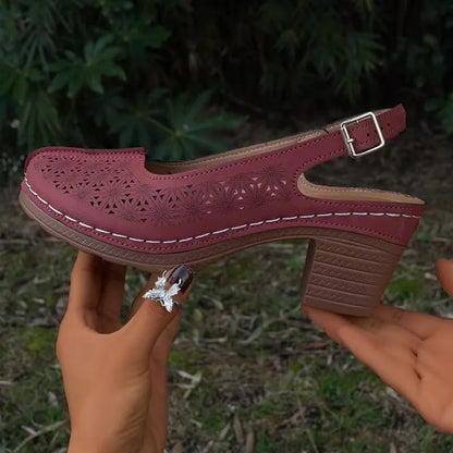Women's closed toe wedge sandals in black, creamy-white, wine red, blue, and brown colours