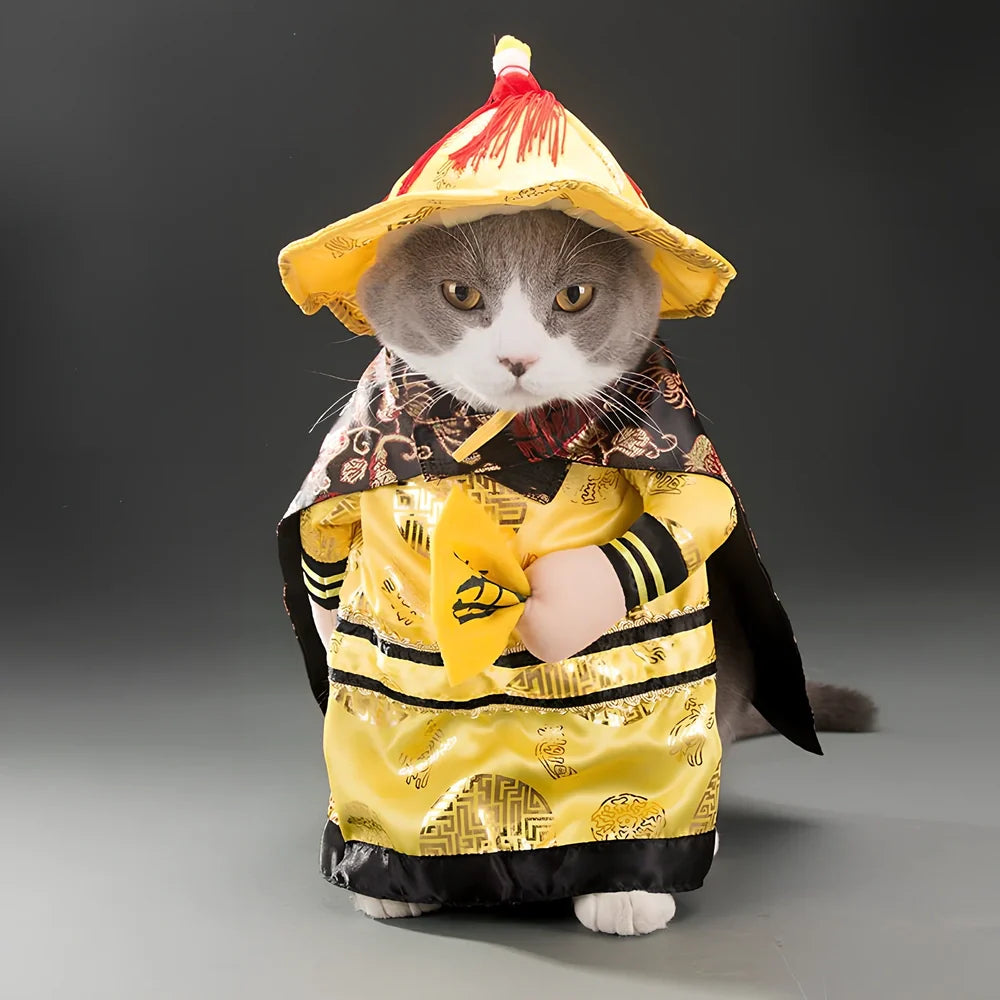 Polyester cat costume in character design with size label showing bust and neck measurements