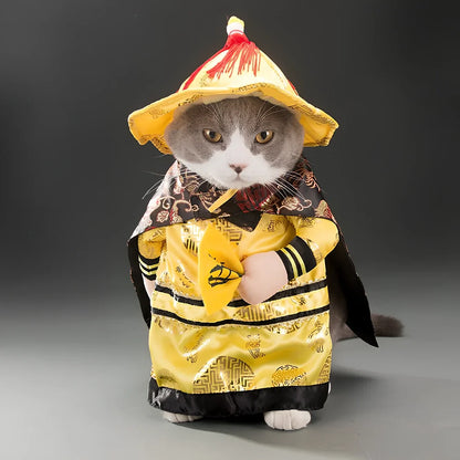 Polyester cat costume in character design with size label showing bust and neck measurements