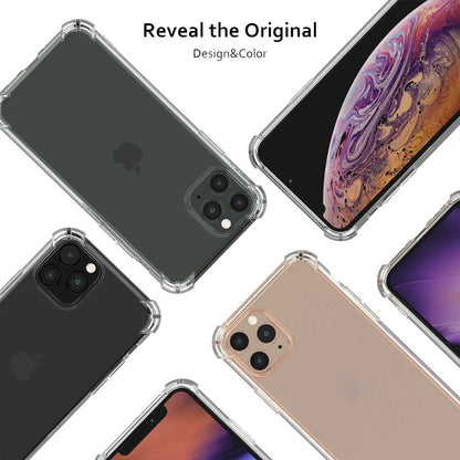 Clear shockproof case for Apple iPhone showing 2mm raised bezel and 1.5mm air cushion corners on a transparent TPU cover