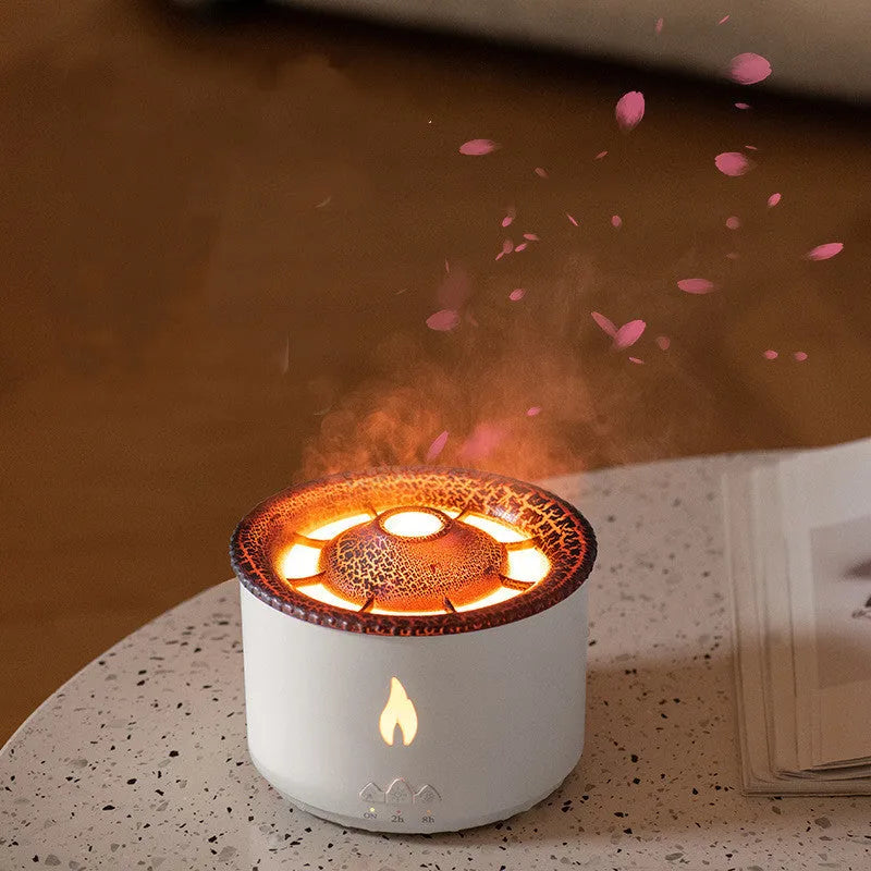 Colourful volcano-shaped cool mist humidifier with aromatherapy tray and flame-effect night light.