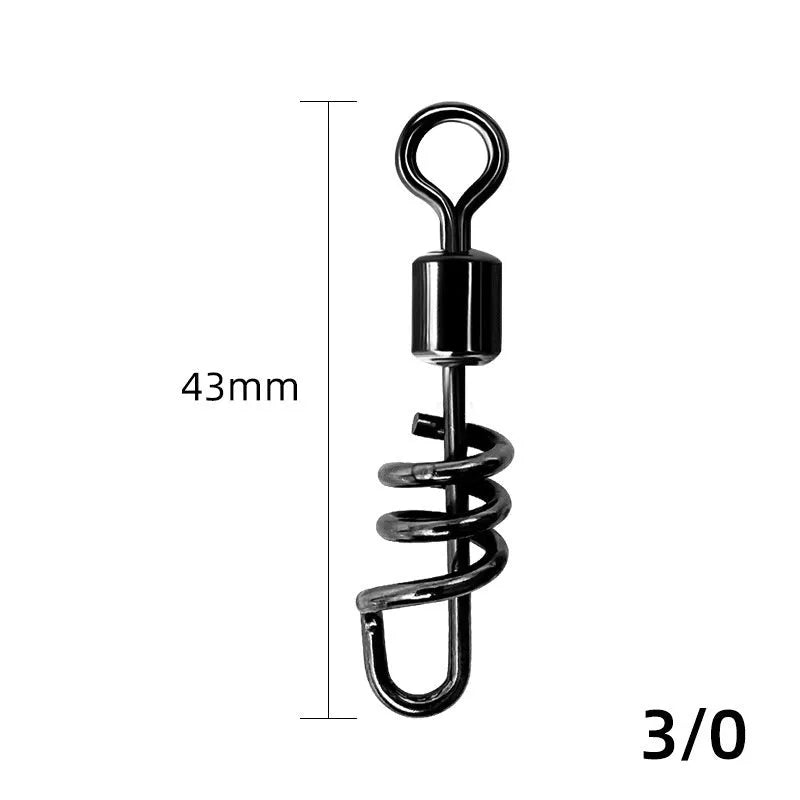 Stainless steel fishing swivel connector with an 8-shaped ring design on a blue background.