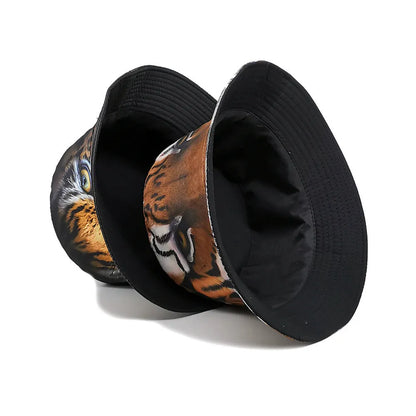 Tiger print bucket hat with dome crown on a neutral background