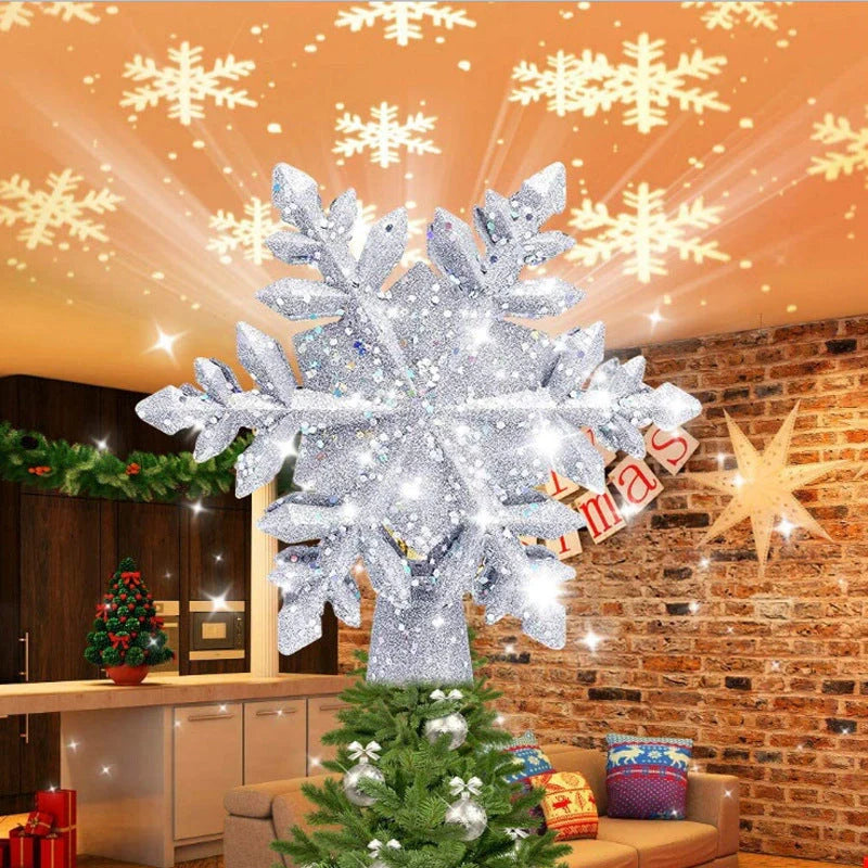 3D Glitter Silver Snow Christmas Tree Topper with LED Snowflake Projector illuminating a room with festive patterns