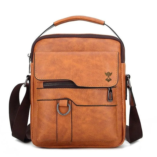 Khaki PU leather men's shoulder bag showing 22x27x8cm dimensions, zipper opening, and internal organisation pockets