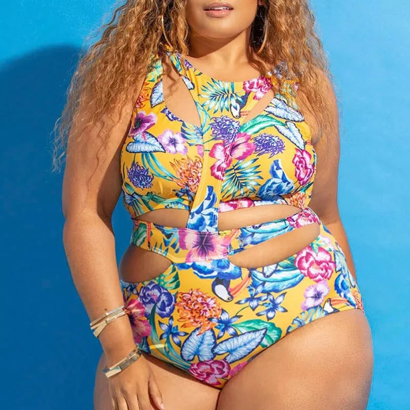 Plus size ethnic print one-piece swimsuit with high elasticity fabric