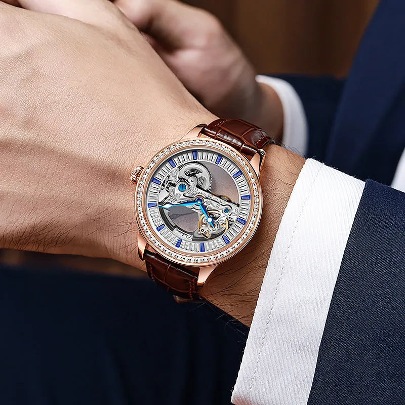 Luxury zircon men's mechanical watch with 12mm case, mineral glass, and onion head crown on wrist