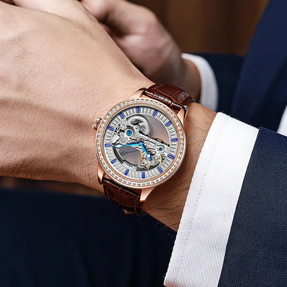 Luxury zircon men's mechanical watch with 12mm case, mineral glass, and onion head crown on wrist