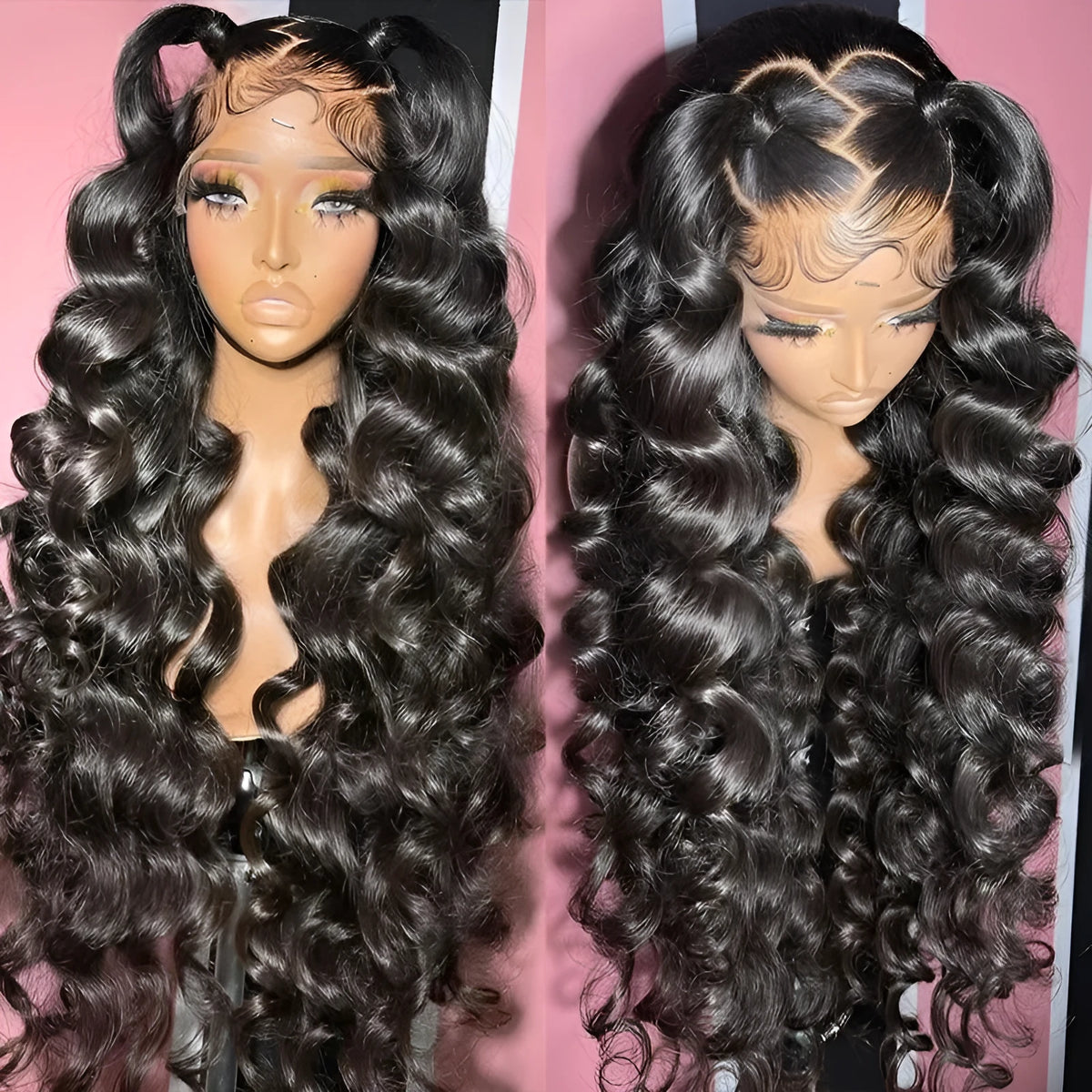 300 density loose wave HD lace wig in black chemical fiber, 20-40 inch length, 13x4 or 13x6 frontal.