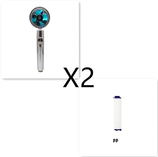 Chrome-finished ABS plastic water-saving shower head with a round, rotating spray head.