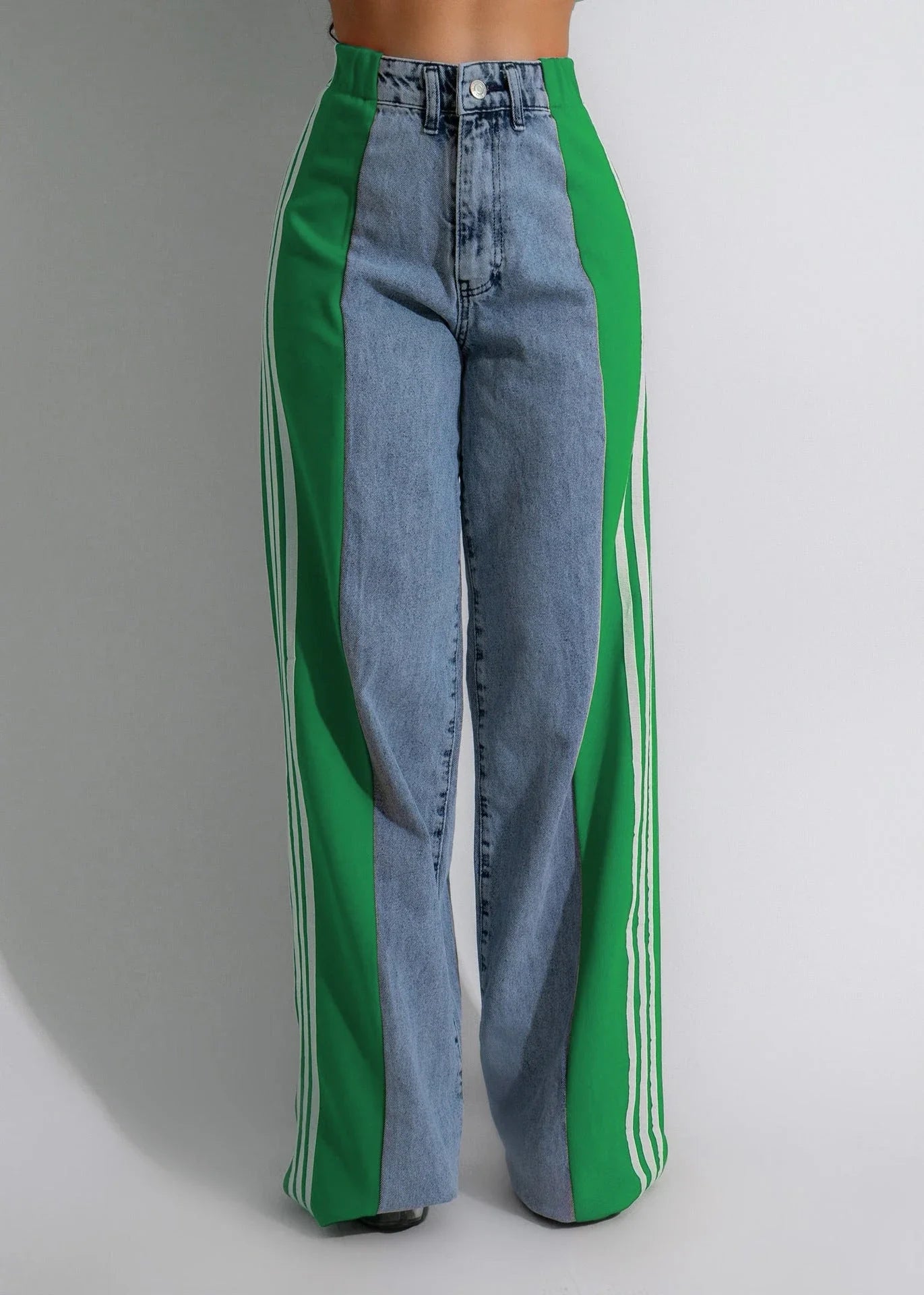 Stylish high-waist denim trousers with patchwork design, available in various color options