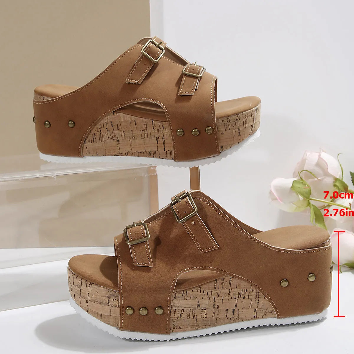 Women's PU leather platform beach sandals with fish mouth scaffold design in navy blue colour