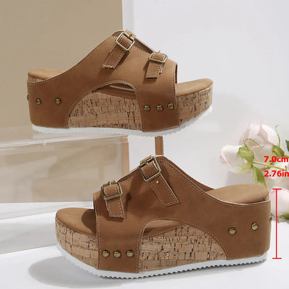 Women's PU leather platform beach sandals with fish mouth scaffold design in navy blue colour