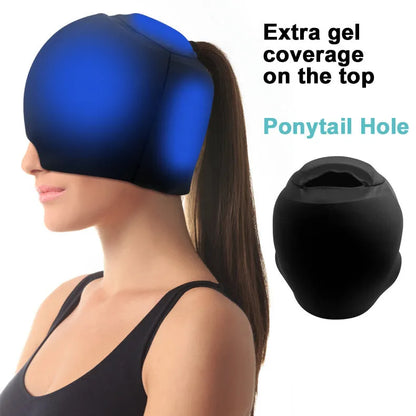 Simple solid colour cold compress cap in black, dark blue, or pink with fully enclosed design for head relief