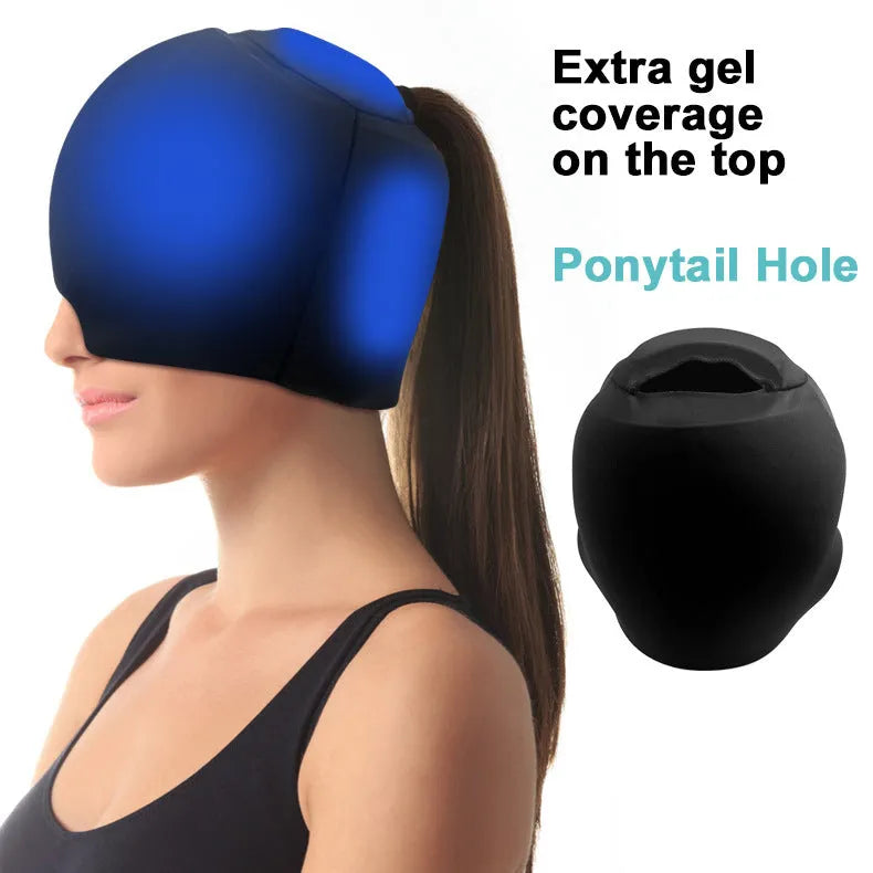 Simple solid colour fully enclosed design cold compress cap: a polyester cap with a fully enclosed design that retains cold therapy for targeted head relief, available in black, dark blue, and pink colour options.