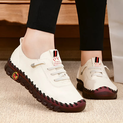 Women's handmade soft sole shoes with microfiber upper, round toe, 3-5cm heel, in black, white, red, or brown.