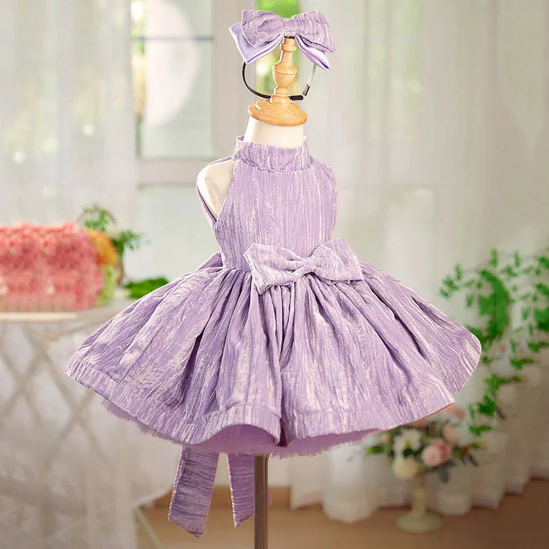 Girls' dreamy purple velvet princess dress showing princess silhouette and velvet texture