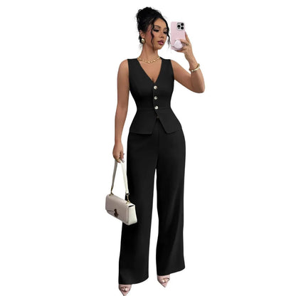 Women's sleeveless vest and high-waist trousers two-piece set in solid colour