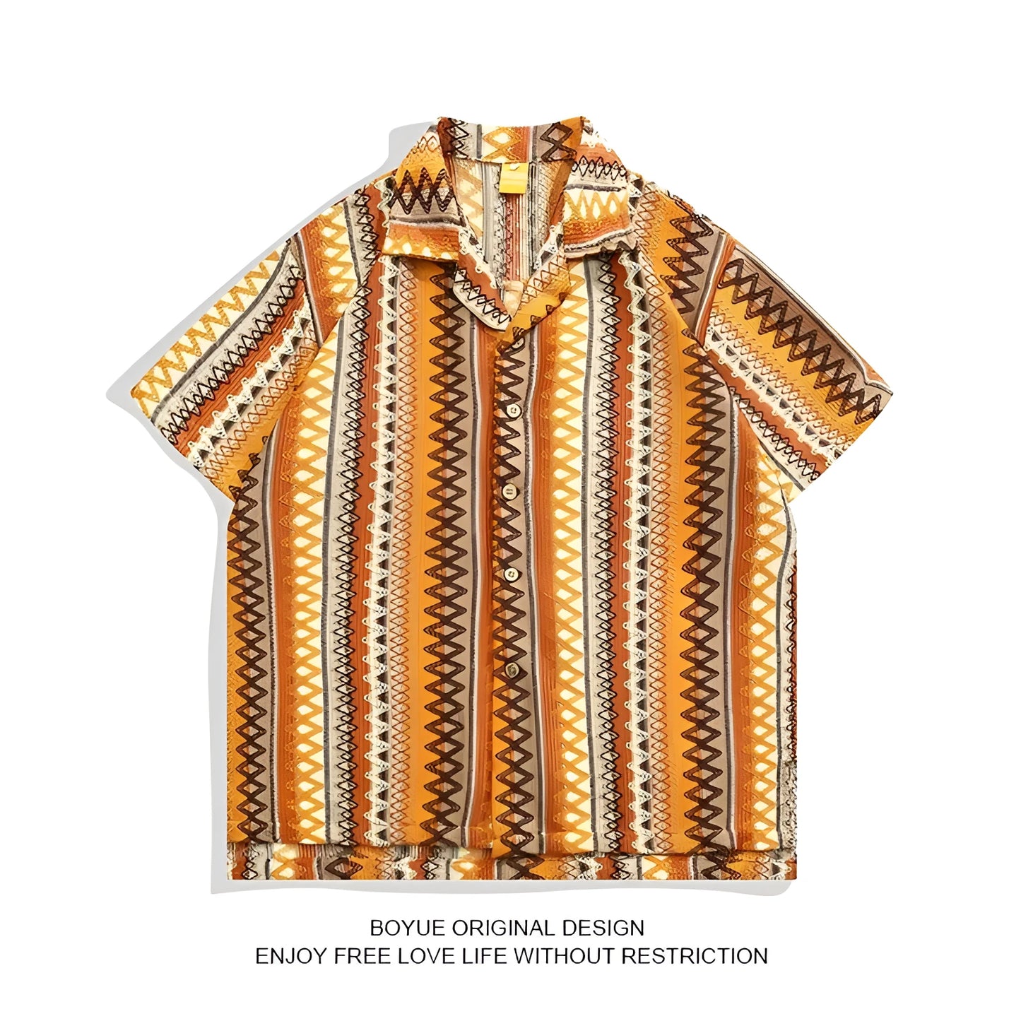 Ethnic style woven Cuban collar shirt with contrast colours, loose fit, and short sleeves.