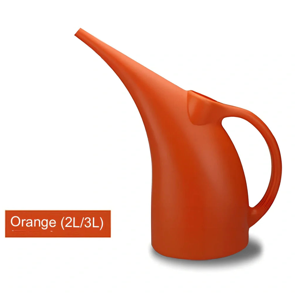 Green watering can with long spout showing measurements and shower head attachment for garden plants