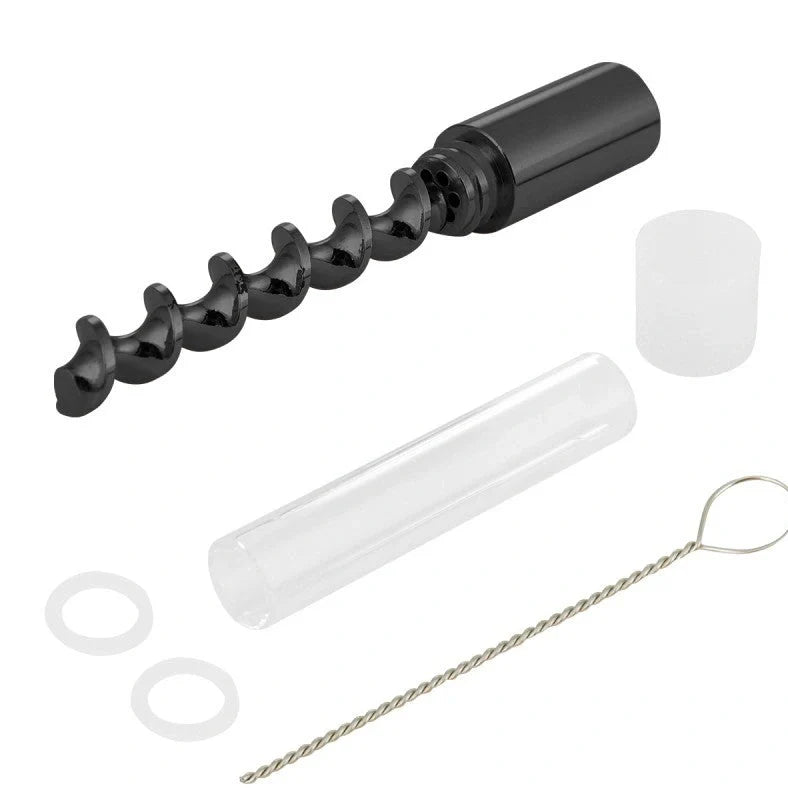 Spiral pipe atomizer with 78mm glass tube and metal fittings in compact packaging