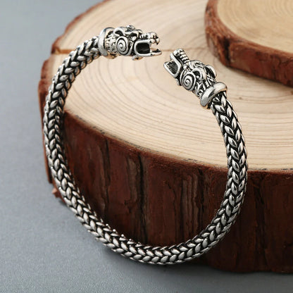 Asgard Crafted Small Handcrafted Stainless Steel Grey Wolf Head Torc Bracelet in silver