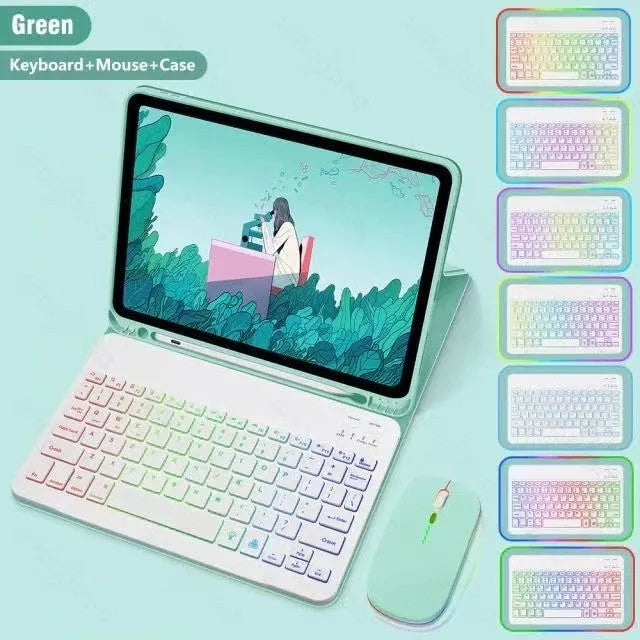 iPad in a black TPU leather case with a built-in luminous RGB backlit Bluetooth keyboard and a stand open.