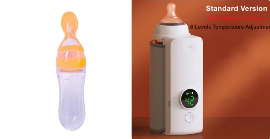 Grey non-woven portable baby bottle warmer with USB charging cable showing wrap-around design for universal bottle fit