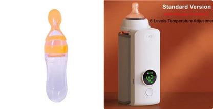Grey non-woven portable baby bottle warmer with USB charging cable showing wrap-around design for universal bottle fit