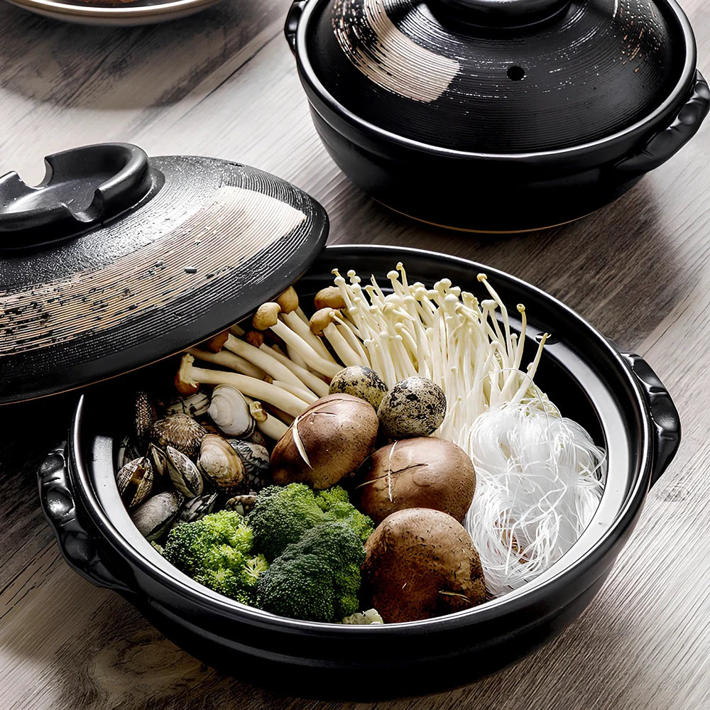 Korean ceramic stew pot with air hole lid showing 8cm depth and gas stove compatible base