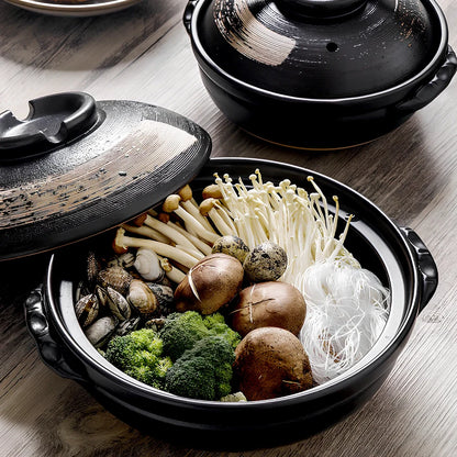 Korean ceramic stew pot with air hole lid showing 8cm depth and gas stove compatible base